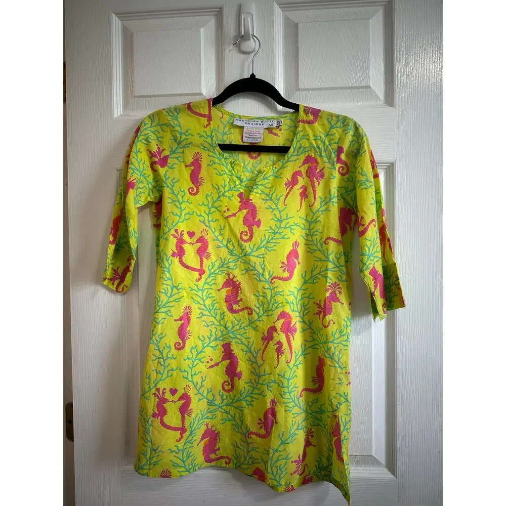 Gretchen Scott Designs Girls Cover Up Tunic Top Cotton Sz 10/12 Seahorses